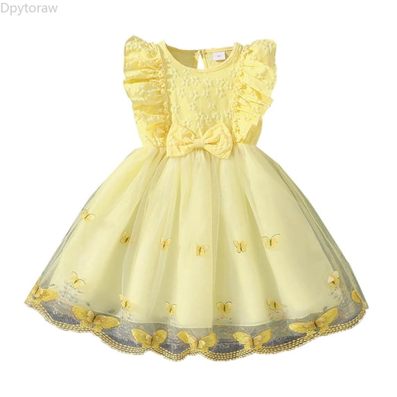 Dpytoraw Girls Birthday Party Dress Buterfly Dasy Polka Dots Embroidery Princess Tule Wedding Evening Gown Girls Sleeveless Party Dresses,Yellow Size 5-6 Years