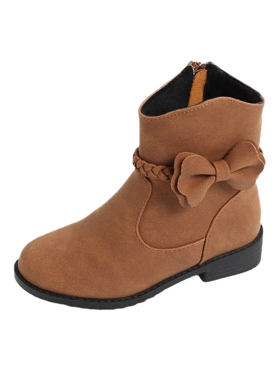 Girls Bow Decor Braided Detail Zip Side Western Boots Kids Ankle Boots Girls Low Heel Riding Booties With Zipper Size 4-4.5 Years