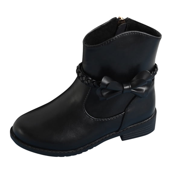 Dpytoraw Girls Bow Decor Braided Detail Zip Side Western Boots Kids Ankle Boots Girls Low Heel Riding Booties With Zipper Size 4-4.5 Years