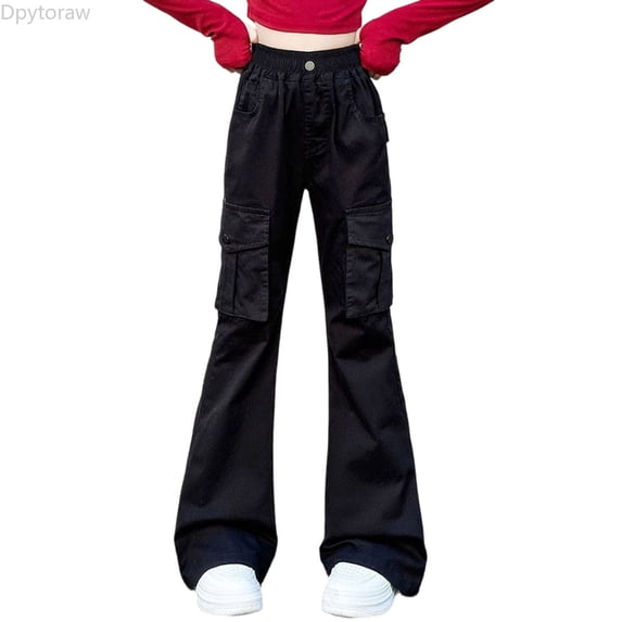 Dpytoraw Girls Cargo Flare Pants, Bootcut Loose Fit Summer Thin Long Pants Black Size 5-6 Years