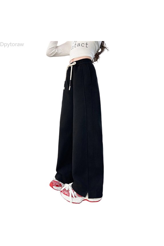 Girls Casual Jogger Pants with Split, Flared Leggings Loose Fit Street Style Trousers Black Size 11-12 Years