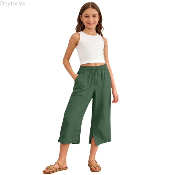 Dpytoraw Girls Casual Ponte Pants, Solid Loose Fit Half Length Trousers Soft Waistband Easy Care Green Size 13-14 Years