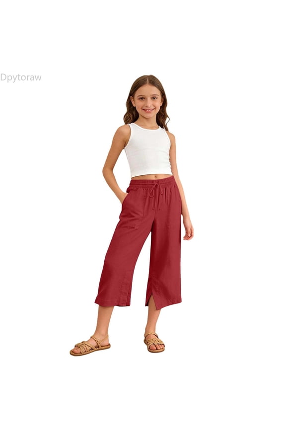 Girls Casual Ponte Pants, Solid Loose Fit Half Length Trousers Soft Waistband Easy Care Red Size 9-10 Years