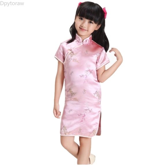 Dpytoraw Girls Chinese Dress Qipao Baby Girls New Year Clothing Floral Short Sleeve Cheongsam Kids Birthday Party Outfits Girls Sundresses,Pink Size 3-4 Years