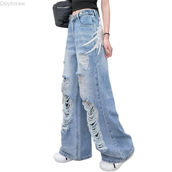 Dpytoraw Girls Distressed Jeans, Angel Wings Rhinestone Straight Loose Pants Blue Size 3-4 Years