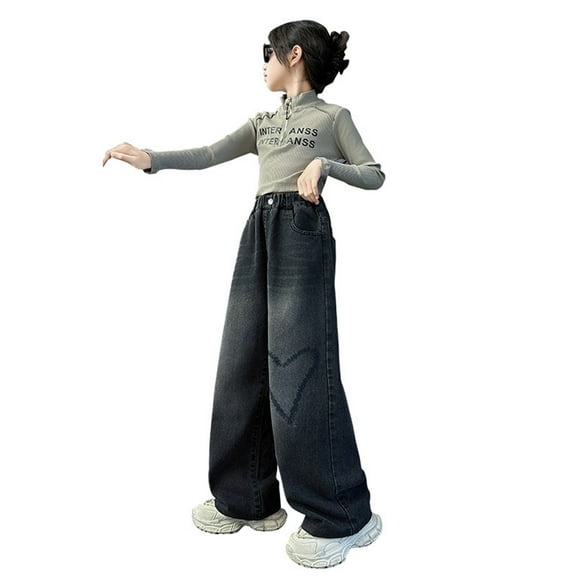 Dpytoraw Girls Fashion Cute Embroidered Pants Elastic Waist Wide Leg Jeans Loose Casual Demin Pants With Pockets High-Waisted Girls Jeans with Stretch Size 4-6 Years