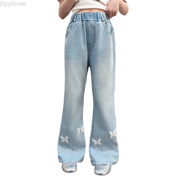 Dpytoraw Girls Flared Jeans, Tencel Bootcut Stretchy Summer Wide Leg Pants Blue Size 5-6 Years