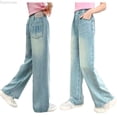 thumbnail image 1 of Dpytoraw Girls Jeans Embroidery High Elastic Waist Denim Pants with Pockets Y2K Trendy Tween Streetwear Size 10-11 Years, 1 of 4
