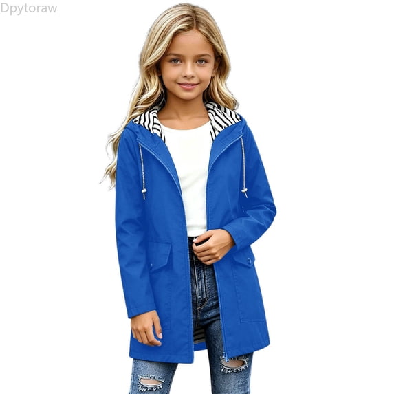 Dpytoraw Girls Long Sleeve Rain Jacket Solid Color Waterproof Hooded Coat Blue Size 5-6 Years
