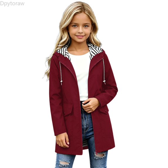 Dpytoraw Girls Long Sleeve Rain Jacket Solid Color Waterproof Hooded Coat Red Size 9-10 Years
