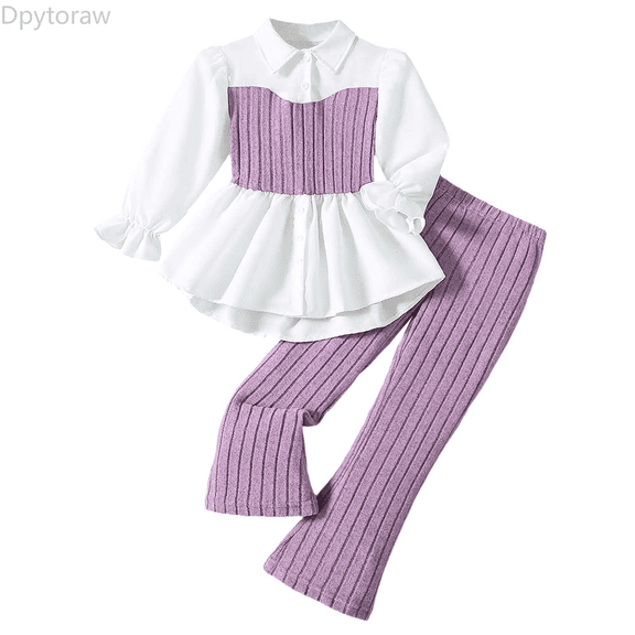 Dpytoraw Girls Outfits & Sets Asymmetrical Knit Top With Flared Pants Fashionable Two Piece Set For Toddler And Kids Back to school outfits 2026 Size Purple 4-5 Years