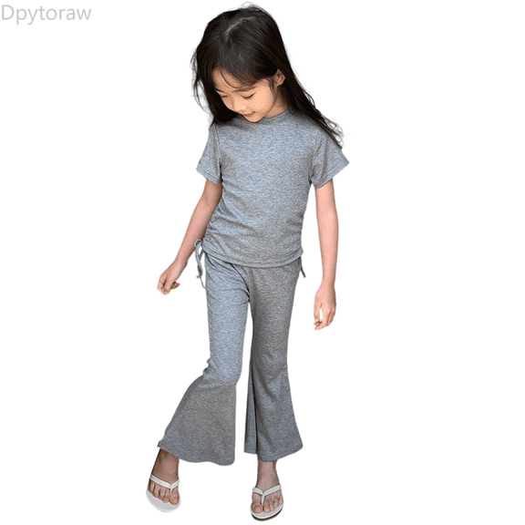 Dpytoraw Girls Outfits Sets Casual Summer Outfit For Toddler Girls Drawstring Top And Flared Pants Soft Comfortable Playwear Breathable‌ Girls summer shorts and tee sets Size Gray 7-8 Years