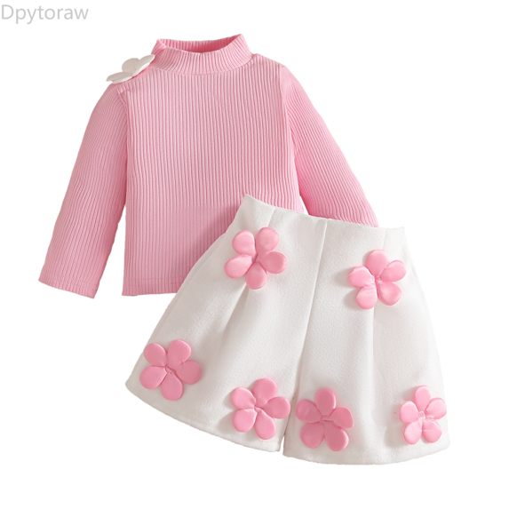 Dpytoraw Girls Outfits Sets Long Sleeve High Neck Embroidered Ribbed Top With Button Shorts Winter Fall Casual School Party Outfit Spring floral girls matching sets Size Pink 12-18 Months