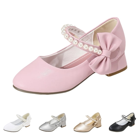 Dpytoraw Girls Pearl Bow Low Heel Mary Jane Shoes, Little/Big Kids Princess Girl Wedding Dress Shoes Sizes 11