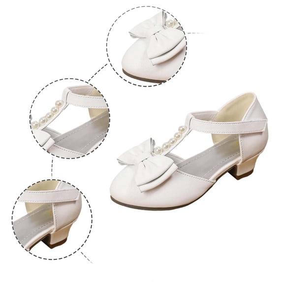 Dpytoraw Girls Pearl Bow T-Strap Low Heel Shoes, Little/Big Kids Flower Girl Wedding Dress Shoes Sizes 11