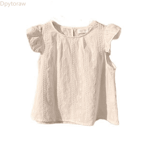 Dpytoraw Girls Ruffle Short Sleeve Shirts Cute Summer Frill Neck Pleated Textured Blouse Tops Girls Top Size White 4-5 Years