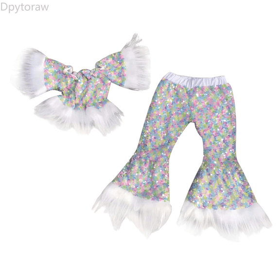 Dpytoraw Girls' Sequin Suit Princess Pageant 1PC Top 1PC Glitter Birthday Party Long Leg Flare Pants Winter toddler girl outfits Size Multicolor 6-7 Years