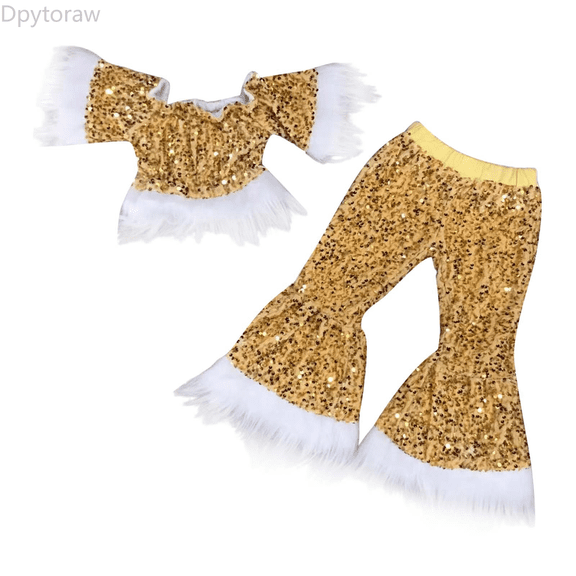 Dpytoraw Girls' Sequin Suit Princess Pageant 1PC Top 1PC Glitter Birthday Party Long Leg Flare Pants Winter toddler girl outfits Size Yellow 8-9 Years