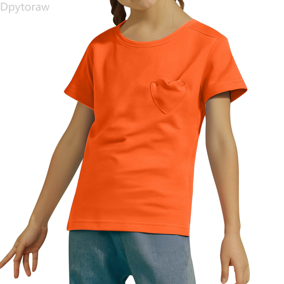 Dpytoraw Girls Short Sleeve Heart Pocket T Shirts Casual Tee Tops Blouse (2 12 Years) Summer Girl Tops Size Orange 6-7 Years