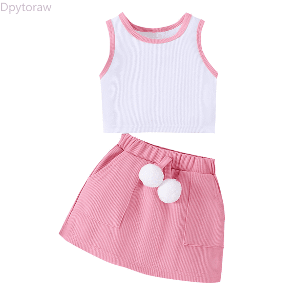 Dpytoraw Girls' Sleeveless Vest Hairball Pendant Solid Color Skirt Two Piece Set Spring floral girls matching sets Size Pink 3-4 Y
