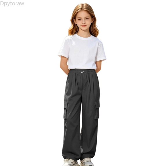Dpytoraw Girls Solid Utility Cargo Pants Drawstring Elastic Waist Lightweight Trousers Black Size 5-6 Years