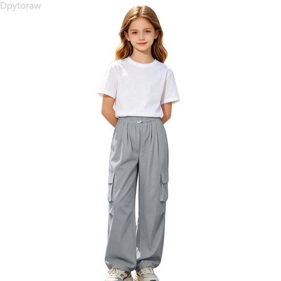 Dpytoraw Girls Solid Utility Cargo Pants Drawstring Elastic Waist Lightweight Trousers Gray Size 9-10 Years