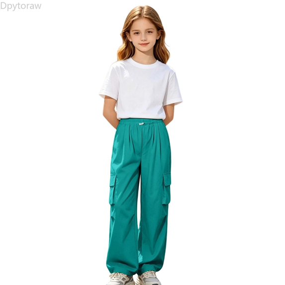 Dpytoraw Girls Solid Utility Cargo Pants Drawstring Elastic Waist Lightweight Trousers Green Size 11-12 Years