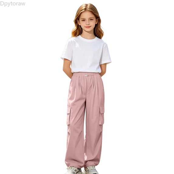 Dpytoraw Girls Solid Utility Cargo Pants Drawstring Elastic Waist Lightweight Trousers Pink Size 13-14 Years