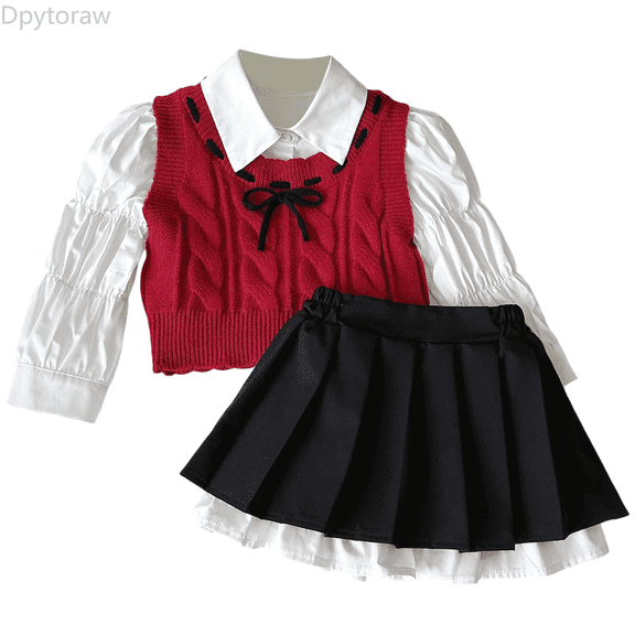 Dpytoraw Girls' Spring Autumn School Style Half Length Skirt Woolen Jacket And Shirt Set Suitable For 2 8 Years Old. Back to school outfits 2026 Size Red 7-8 Years