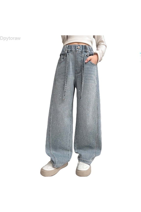 Girls Star Rhinestone Flared Pants, Loose Fit Straight Leg Wide Cargo Trousers for Teens Blue Size 4-5 Years