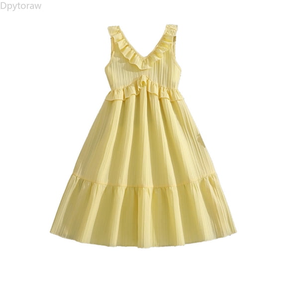 Dpytoraw Girls Summer Dress Lace Collar Sleeveless Waist Party Gown Girls Summer Sleeveless Dresses,Yellow Size 7-8 Years