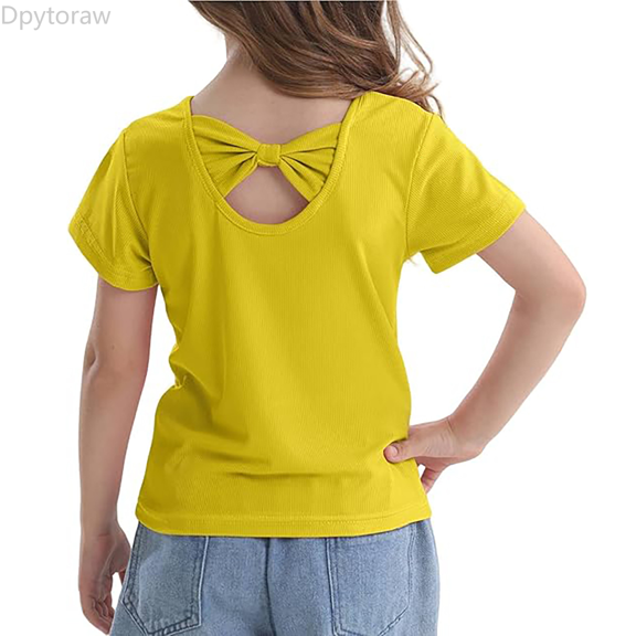 Dpytoraw Girls Summer Tops Short Sleeve Tee With Back Bow Design Casual Round Neck Shirt For Toddler Kids Outdoor Play School Everyday Wear Summer Girl Tops Size Yellow 5-6 Years