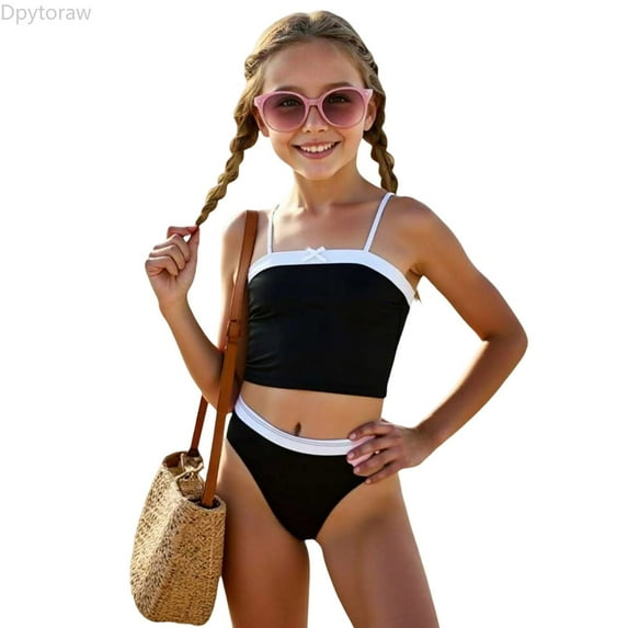 Dpytoraw Girls Swimwear Cute Top With Slip Design Backless Swimsuit For Summer Beach Pool Party Size Black 5-6 Years
