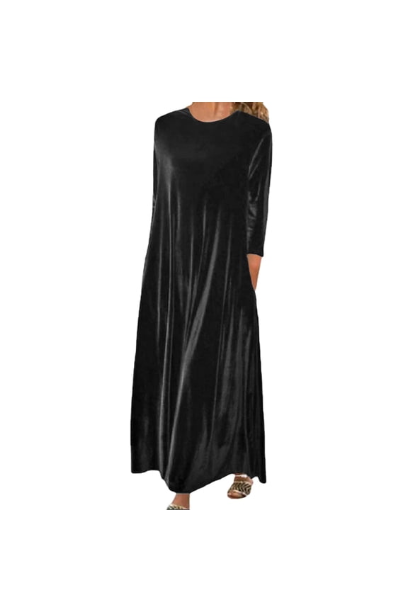 Gold Velvet Round Neck Long Dress For Slim And Elegant Women