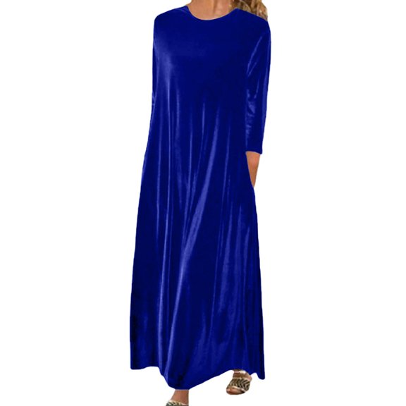 Dpytoraw Gold Velvet Round Neck Long Dress For Slim And Elegant Women