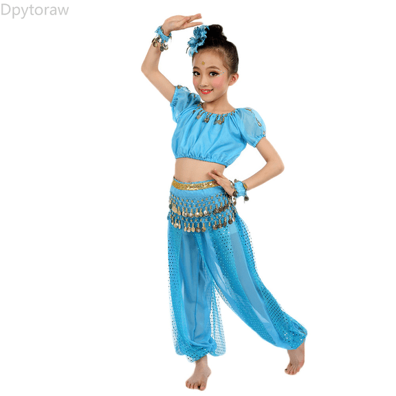 Dpytoraw Handmade Children Girl Belly Dance Kids Belly Dancing Dance Cloth Sequined Dance Outfits Size Blue 4-5 Years
