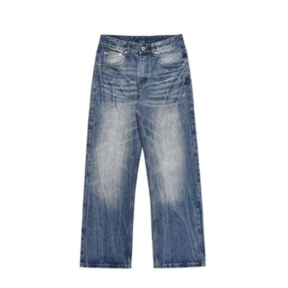 Dpytoraw High Street Pattern Washed Straight Leg Micro Flared Jeans With Men's Design Sense Trendy And Versatile Retro Pants Light Blue