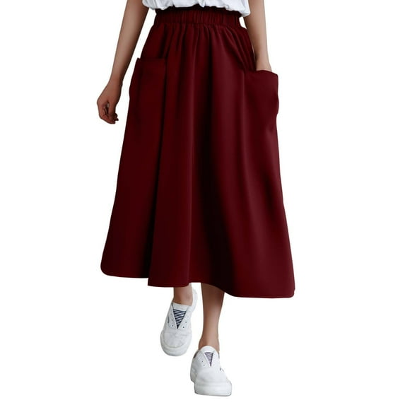Dpytoraw High Waist A Line Midi Skirt Color Block Design Elegant Flared Hem Perfect For Casual And Formal Occasions Stretchy Denim Skirt with Pockets Red