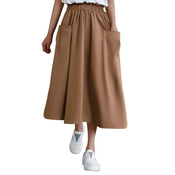 Dpytoraw High Waist A Line Midi Skirt Color Block Design Elegant Flared Hem Perfect For Casual And Formal Occasions Stretchy Denim Skirt with Pockets Yellow