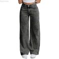 thumbnail image 1 of Dpytoraw High Waisted Flared Denim Pants for Teen Girls, Embroidered Back Pockets Snowflake Wash Distressed Wide Leg Comfortable Stretch Jeans Casual Fashion Trousers Gray Size 13-14 Years, 1 of 6