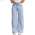 thumbnail image 1 of Dpytoraw High Waisted Flared Denim Pants for Teen Girls, Embroidered Back Pockets Snowflake Wash Distressed Wide Leg Comfortable Stretch Jeans Casual Fashion Trousers Blue Size 11-12 Years, 1 of 6