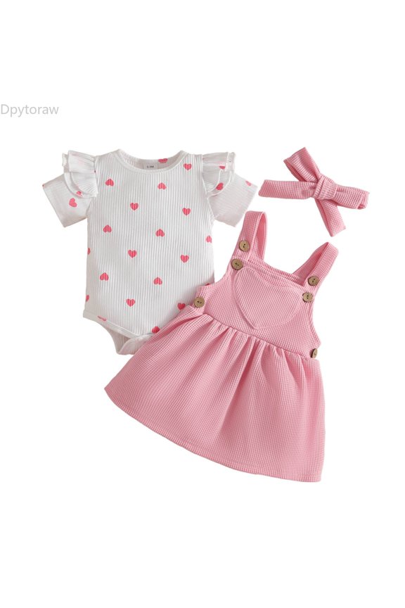 Infant Girls Short Sleeve Heart Prints Ribbed Romper Bodysuit Suspender Skirt Outfits Girls Dress Sets Size 3-6 Months