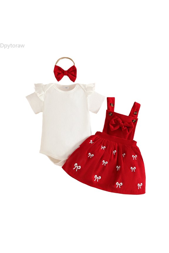 Infant Girls Short Sleeve Ribbed Romper Bodysuit Bowknot Suspender Skirts Outfits Toddler Girls Dress Sets Size 9-12 Months