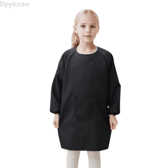Dpytoraw Kid Art Smock Apron With Pocket For Children Artist Painting Aprons Smocks With Long Sleeve Girls Top Size Black 8-12 Years