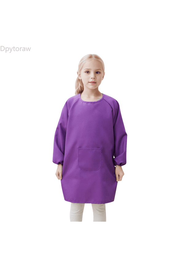 Kid Art Smock Apron With Pocket For Children Artist Painting Aprons Smocks With Long Sleeve Girls Top Size Purple 4-8 Years