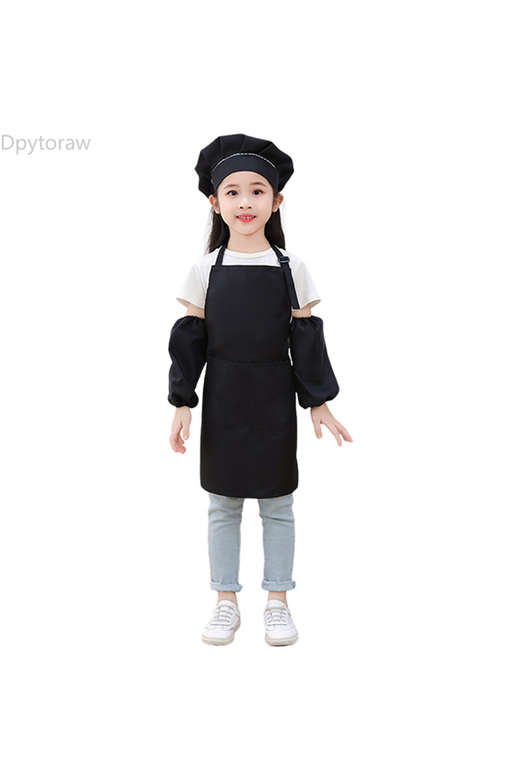 Kid Art Smock Solid Color Apron Sleeve And Hat Three Piece Set For Children Printed Artist Painting Aprons Smocks With Long Sleeve Girls Top Size Black 3-6 Years