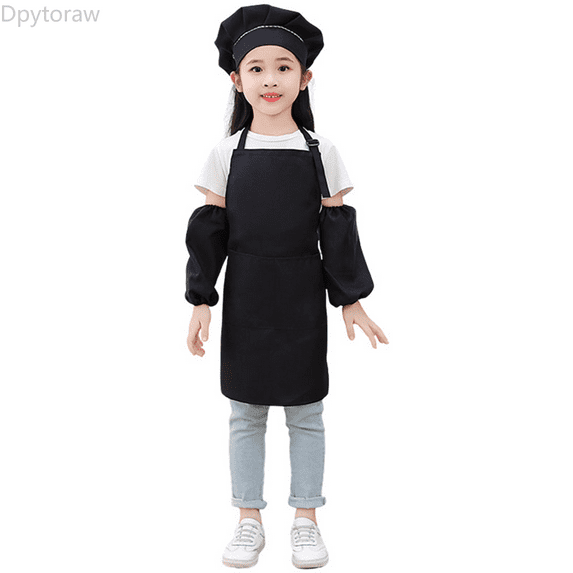 Dpytoraw Kid Art Smock Solid Color Apron Sleeve And Hat Three Piece Set For Children Printed Artist Painting Aprons Smocks With Long Sleeve Girls Top Size Black 9-12 Years
