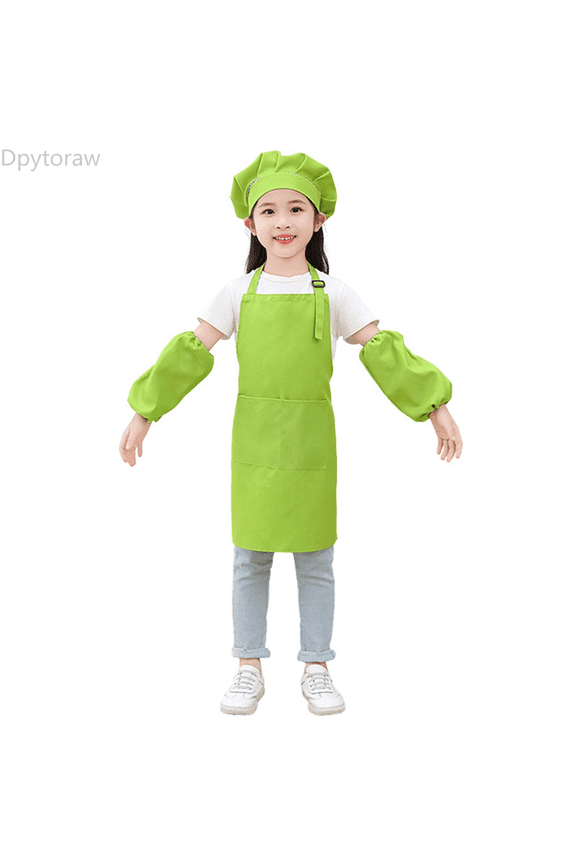 Kid Art Smock Solid Color Apron Sleeve And Hat Three Piece Set For Children Printed Artist Painting Aprons Smocks With Long Sleeve Girls Top Size Green 3-6 Years