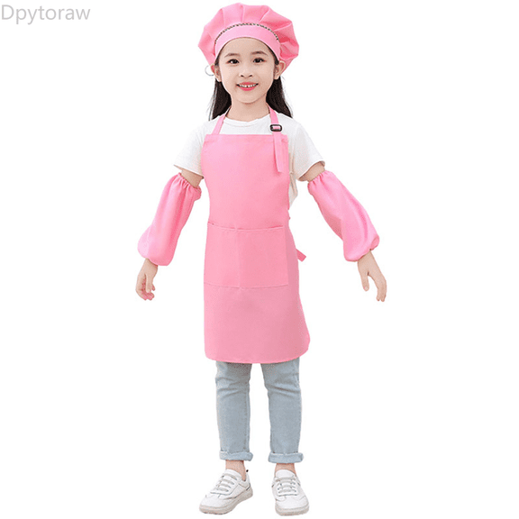 Dpytoraw Kid Art Smock Solid Color Apron Sleeve And Hat Three Piece Set For Children Printed Artist Painting Aprons Smocks With Long Sleeve Girls Top Size Pink 3-6 Years
