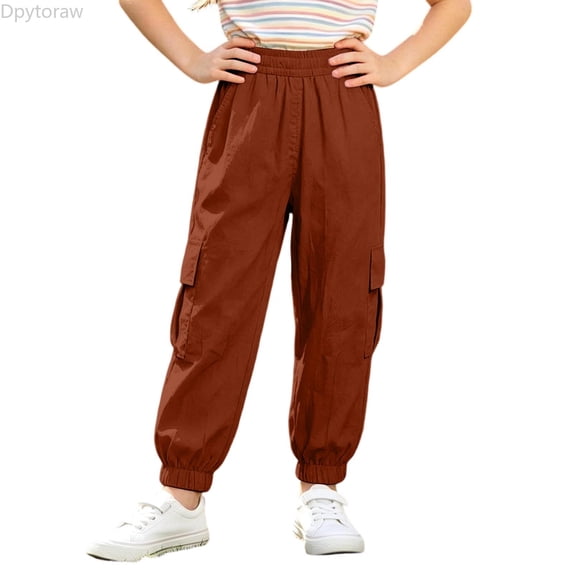 Dpytoraw Kids Cargo Pants Solid Color Elastic Waist Jogger Trousers with Pockets Brown Size 9-10 Years